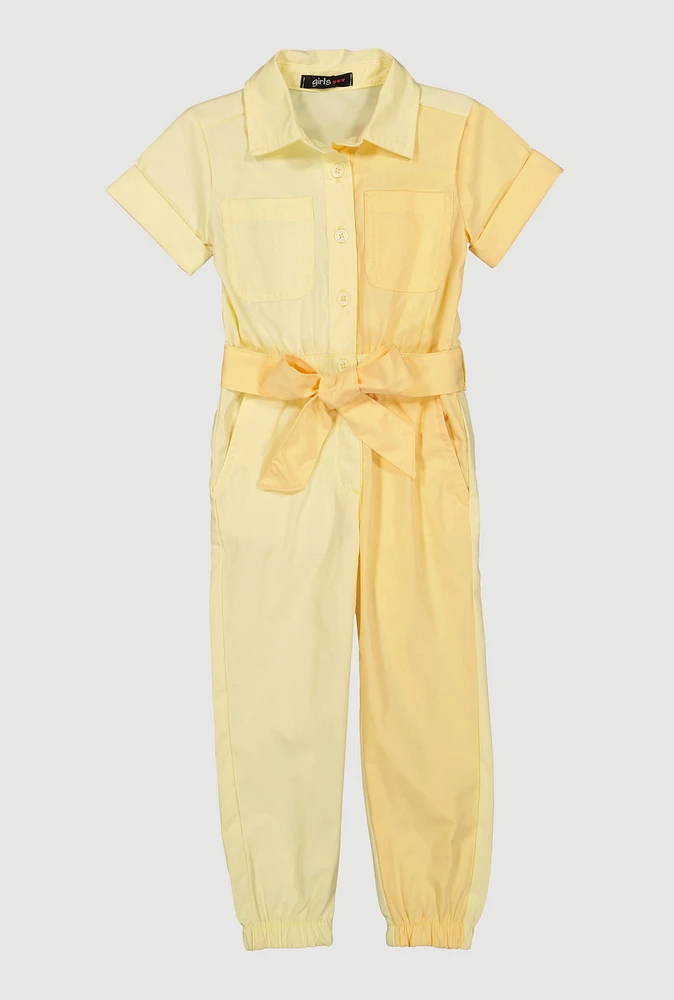 Toddler Girls Two Tone Poplin Tie Waist Belted Jumpsuit, Yellow, Size 4T