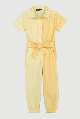Toddler Girls Two Tone Poplin Tie Waist Belted Jumpsuit, Yellow, Size 4T