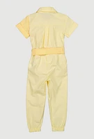 Toddler Girls Two Tone Poplin Tie Waist Belted Jumpsuit, Yellow, Size 4T