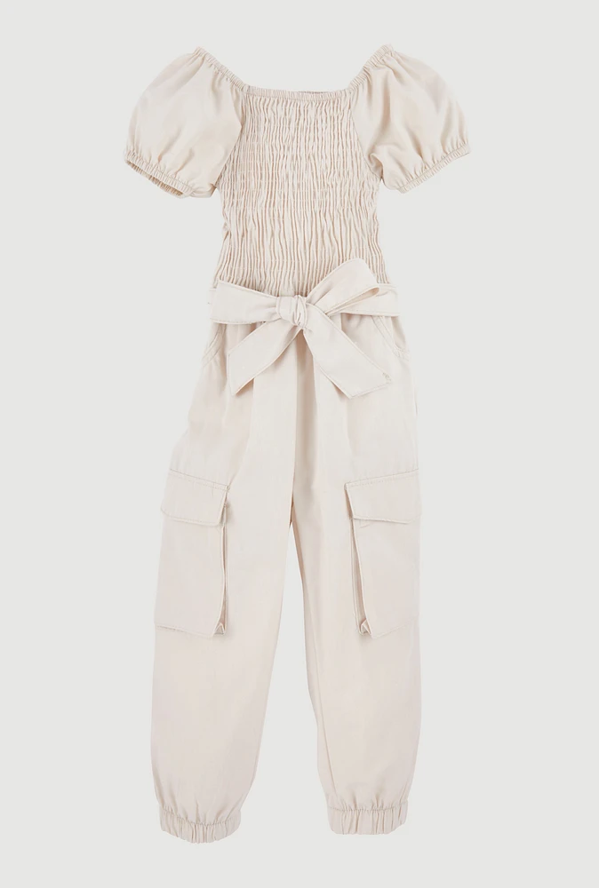Toddler Girls Puff Sleeve Cargo Jumpsuit,
