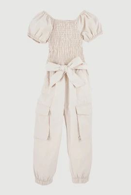Toddler Girls Puff Sleeve Cargo Jumpsuit,