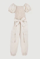 Toddler Girls Puff Sleeve Cargo Jumpsuit, Beige, Size 4T
