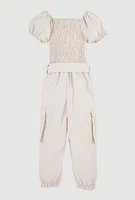 Toddler Girls Puff Sleeve Cargo Jumpsuit,