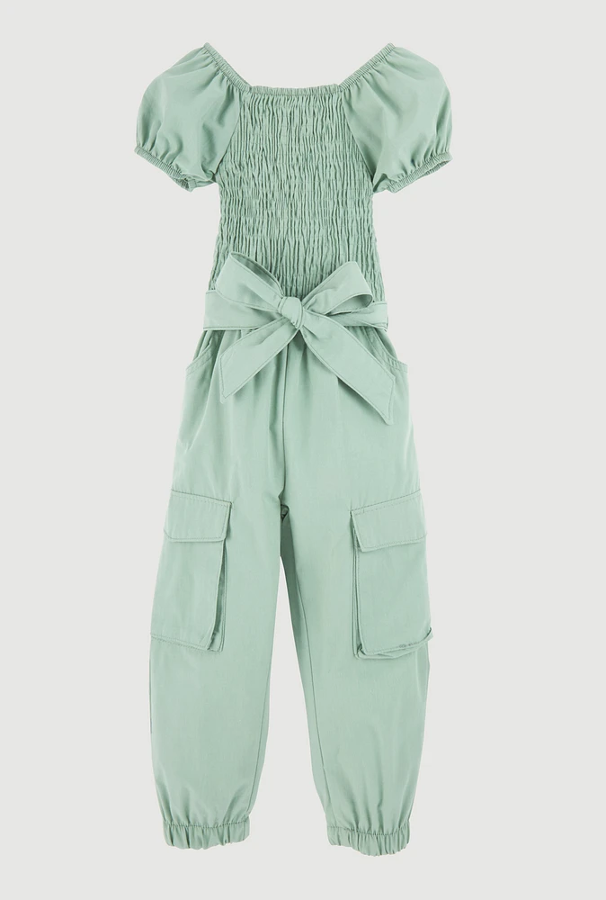 Toddler Girls Puff Sleeve Cargo Jumpsuit, Green, Size 2T