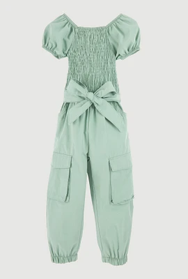 Toddler Girls Puff Sleeve Cargo Jumpsuit, Green, Size 2T