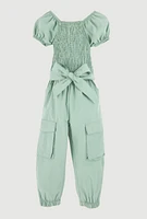 Toddler Girls Puff Sleeve Cargo Jumpsuit, Green, Size 2T