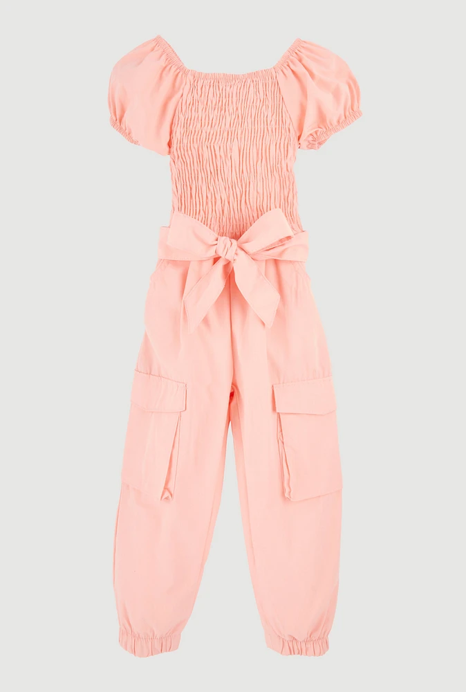 Toddler Girls Puff Sleeve Cargo Jumpsuit, Orange, Size 3T