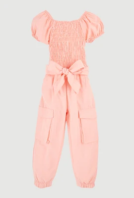 Toddler Girls Puff Sleeve Cargo Jumpsuit, Orange, Size 3T