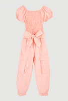 Toddler Girls Puff Sleeve Cargo Jumpsuit, Orange, Size 3T