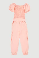 Toddler Girls Puff Sleeve Cargo Jumpsuit, Orange, Size 3T