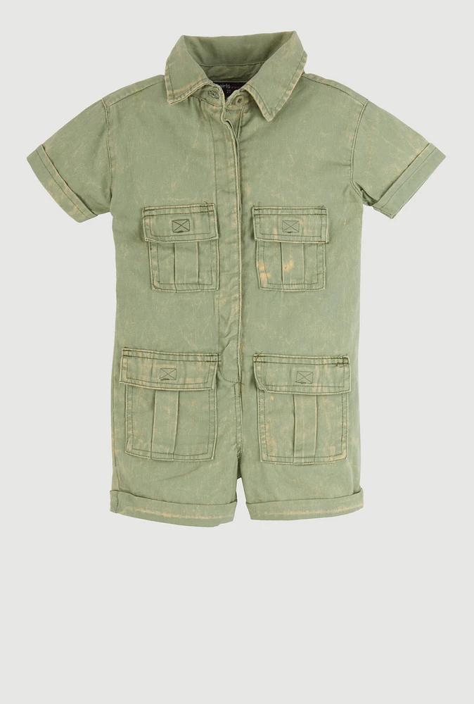 Toddler Girls Mineral Wash Utility Romper, Green, Size 3T