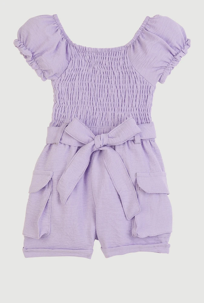 Toddler Girls Airy Smocked Cargo Pocket Romper, Purple, Size 4T