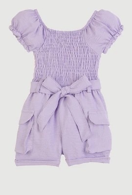 Toddler Girls Airy Smocked Cargo Pocket Romper, Purple, Size 4T