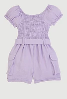 Toddler Girls Airy Smocked Cargo Pocket Romper, Purple, Size 4T
