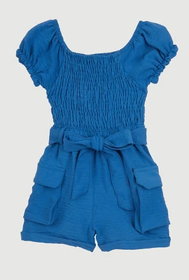 Toddler Girls Airy Smocked Cargo Pocket Romper, Blue, Size 4T
