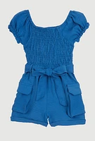 Toddler Girls Airy Smocked Cargo Pocket Romper, Blue, Size 4T