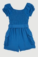 Toddler Girls Airy Smocked Cargo Pocket Romper, Blue, Size 4T