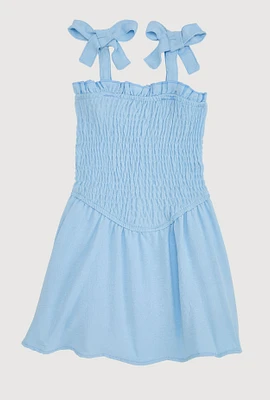 Toddler Girls Airy Bow Strap Smocked Skater Dress, Blue, Size 4T