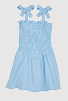 Toddler Girls Airy Bow Strap Smocked Skater Dress, Blue, Size 3T