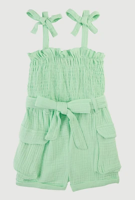 Toddler Girls Gauze Knit Bow Strap Tie Waist Romper, Green, Size 3T