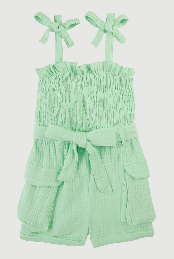 Toddler Girls Gauze Knit Bow Strap Tie Waist Romper,