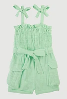 Toddler Girls Gauze Knit Bow Strap Tie Waist Romper,