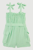 Toddler Girls Gauze Knit Bow Strap Tie Waist Romper,