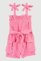 Toddler Girls Gauze Knit Bow Strap Tie Waist Romper, Pink, Size 2T