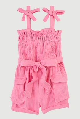 Toddler Girls Gauze Knit Bow Strap Tie Waist Romper, 2T