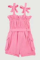 Toddler Girls Gauze Knit Bow Strap Tie Waist Romper, Pink, Size 2T