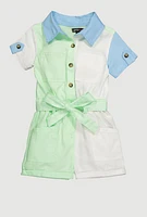 Toddler Girls Color Block Twill Romper with Tie Waist Belt, Multi,