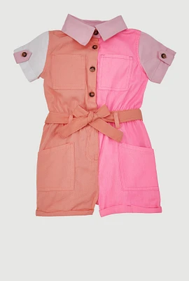 Toddler Girls Color Block Twill Romper with Tie Waist Belt, Multi, Size 2T