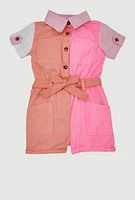 Toddler Girls Color Block Twill Romper with Tie Waist Belt, Multi,