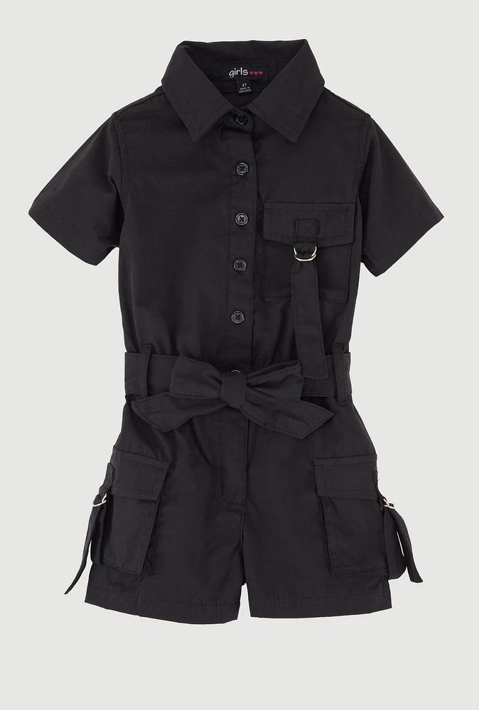 Toddler Girls Tabbed Cargo Pocket Romper, Black, Size 2T