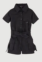 Toddler Girls Tabbed Cargo Pocket Romper, Black, Size 2T