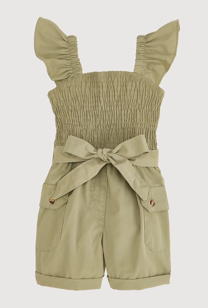 Toddler Girls Poplin Smocked Utility Romper, Green, Size 2T