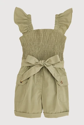 Toddler Girls Poplin Smocked Utility Romper, Green, Size 2T