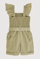 Toddler Girls Poplin Smocked Utility Romper, Green, Size 2T