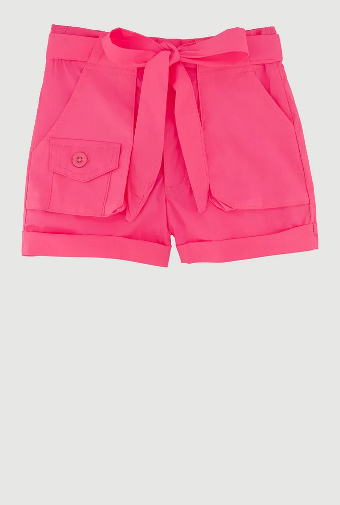 Toddler Girls High Waisted Poplin Shorts with Tie Waist Belt, Pink, Size 4T