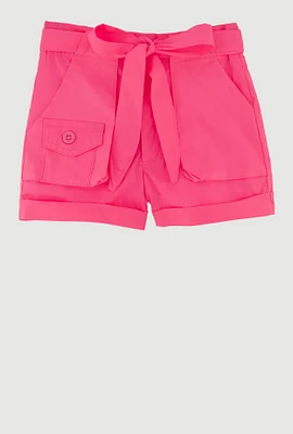 Toddler Girls High Waisted Poplin Shorts with Tie Waist Belt, Pink, Size 4T
