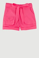 Toddler Girls High Waisted Poplin Shorts with Tie Waist Belt, Pink, Size 4T