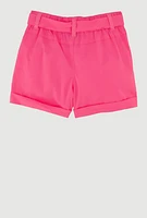 Toddler Girls High Waisted Poplin Shorts with Tie Waist Belt, Pink, Size 4T