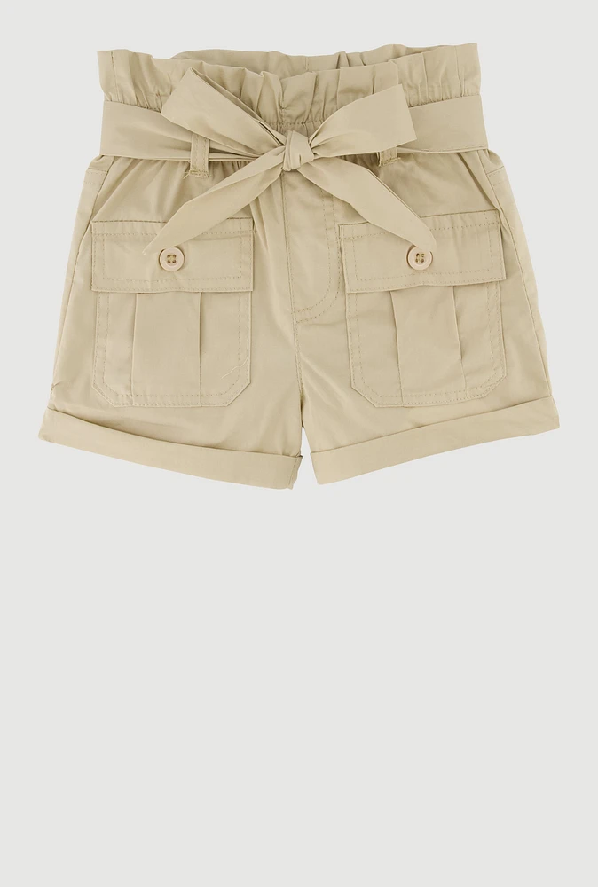Toddler Girls Trendy Paper Bag Waist Cargo Shorts with Tie Belt,
