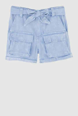 Toddler Girls Trendy Denim Cargo Shorts with Tie Waist Belt, Blue, Size 2T