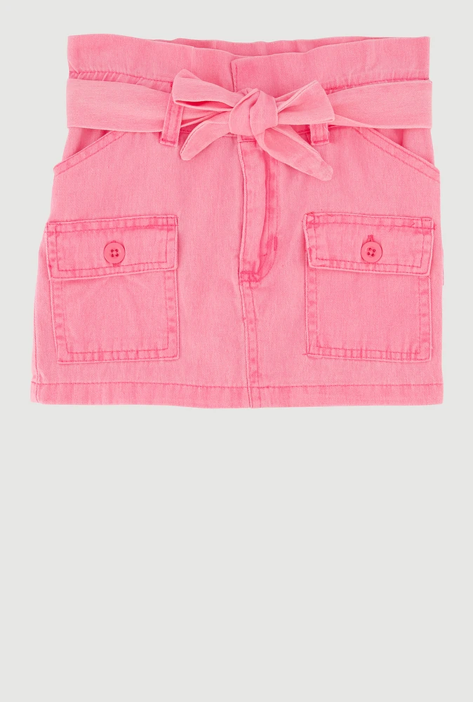Toddler Girls Paper Bag Waist Denim Skirt with Tie Waist Belt, Pink, Size 3T