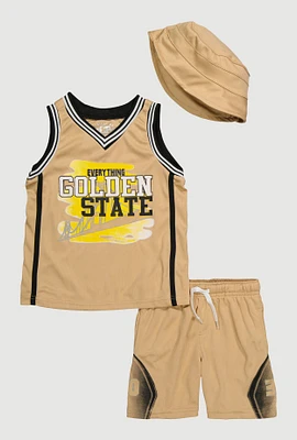Toddler Boys Graphic Basketball Jersey and Shorts with Bucket Hat, Beige, Size 2T