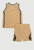 Toddler Boys Graphic Basketball Jersey and Shorts with Bucket Hat, Beige,