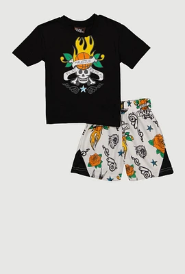 Toddler Boys Hustle Play Repeat Skull Graphic Tee and Shorts, Black,