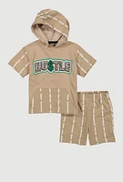 Toddler Boys Hustle Short Sleeve Hooded Top and Shorts, Beige, Size 4T