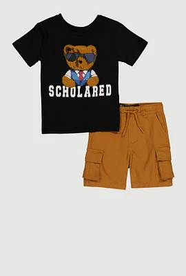 Toddler Boys Chenille Bear Scholared Tee and Cargo Shorts, Multi, Size 3T